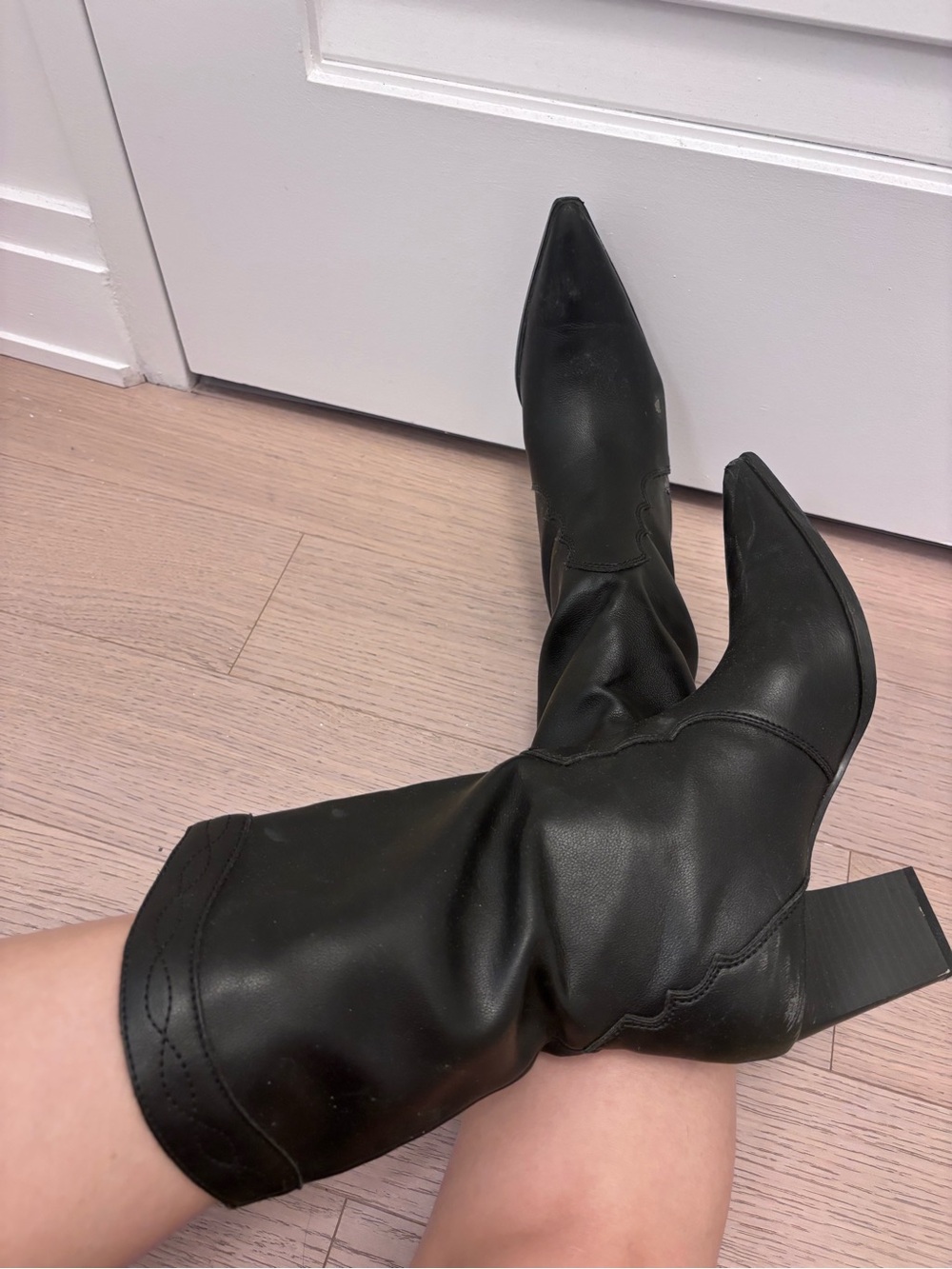 Black Leather Pointed-Toe Mid-Calf Boots